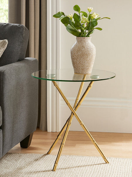Kensington Townhouse Gold Finish Round Side Table with Glass Top