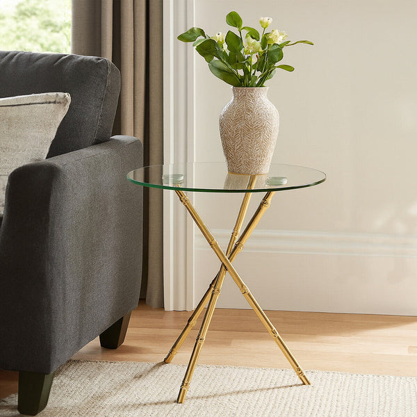 Kensington Townhouse Gold Finish Round Side Table with Glass Top