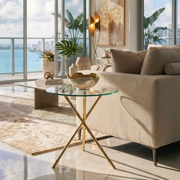 Kensington Townhouse Gold Finish Round Side Table with Glass Top