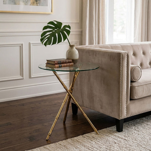 Kensington Townhouse Gold Finish Round Side Table with Glass Top