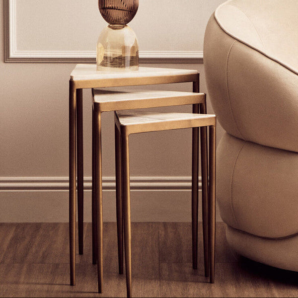 Shalimar White Marble and Gold Finish Set of 3 Triangle Nesting Tables