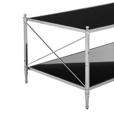 Black and Silver Two-Tier Mirrored Glass Console Table with Cross Design | Hoffmann