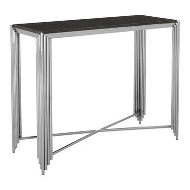 Black Granite Top Art Deco Console Table with Silver Finish X-Shaped Cross | Clarice