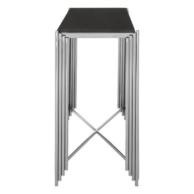 Black Granite Top Art Deco Console Table with Silver Finish X-Shaped Cross | Clarice