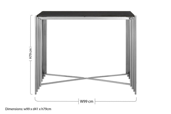 Black Granite Top Art Deco Console Table with Silver Finish X-Shaped Cross | Clarice