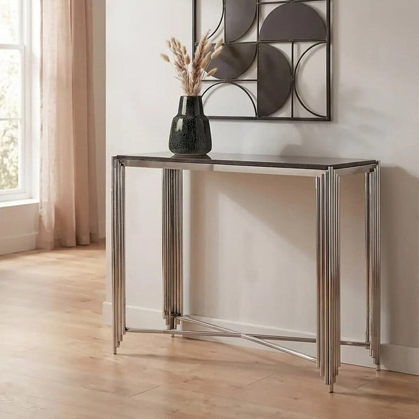 Black Granite Top Art Deco Console Table with Silver Finish X-Shaped Cross | Clarice