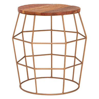 Natural Recycled Wood Top Rounded Side Table with Brass Iron Wireframe Base | Nandri
