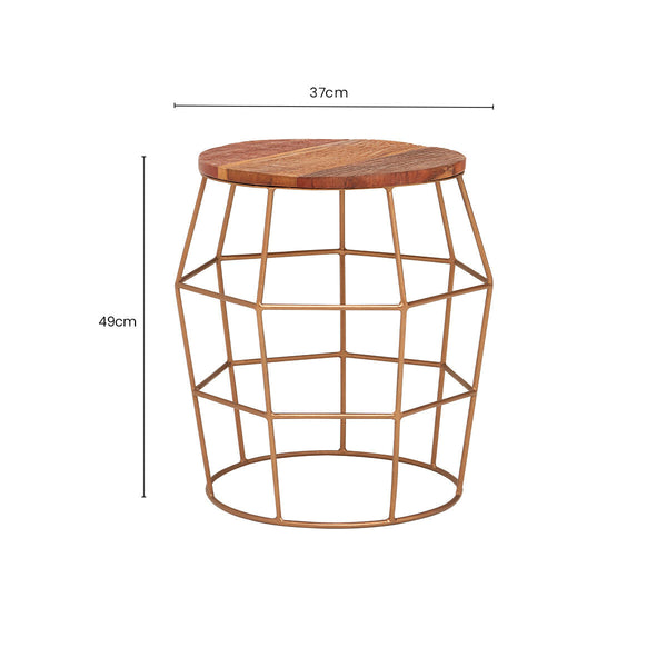 Natural Recycled Wood Top Rounded Side Table with Brass Iron Wireframe Base | Nandri