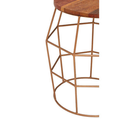 Natural Recycled Wood Top Rounded Side Table with Brass Iron Wireframe Base | Nandri