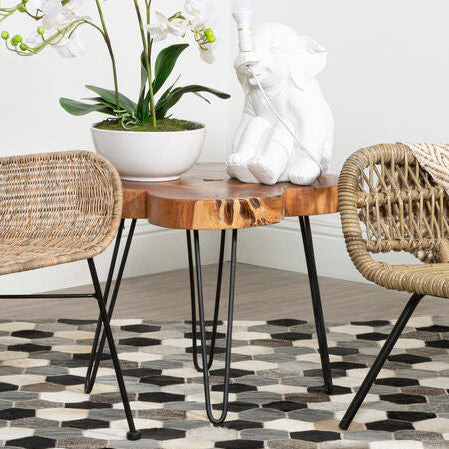 Natural Acacia Wood Slice Top Side Table with Black Metal Hairpin Legs | Nandri
