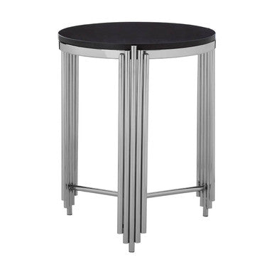 Clarice Black Granite and Silver Finish Round Side Table