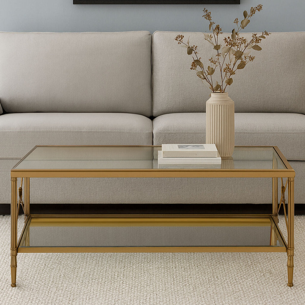 Axis Clear Glass 2 Tier Coffee Table with Gold Finish Frame