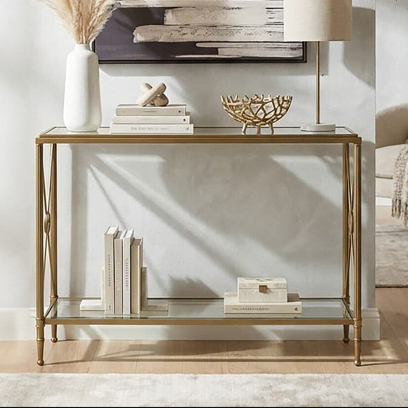Axis Clear Glass 2 Tier Console Table with Gold Finish Frame