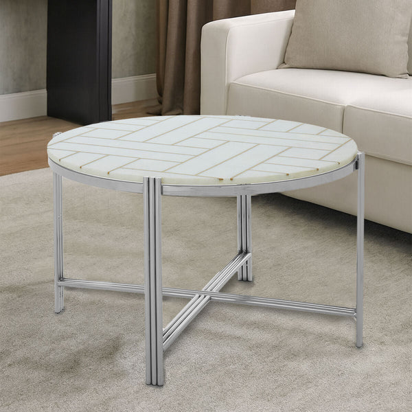 White Marble Top Coffee Table with Gold Detail and Silver Finish Frame | Eva