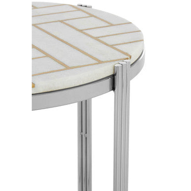 White Marble Top Side Table with Gold Detail and Silver Finish Frame | Eva