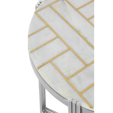White Marble Top Side Table with Gold Detail and Silver Finish Frame | Eva