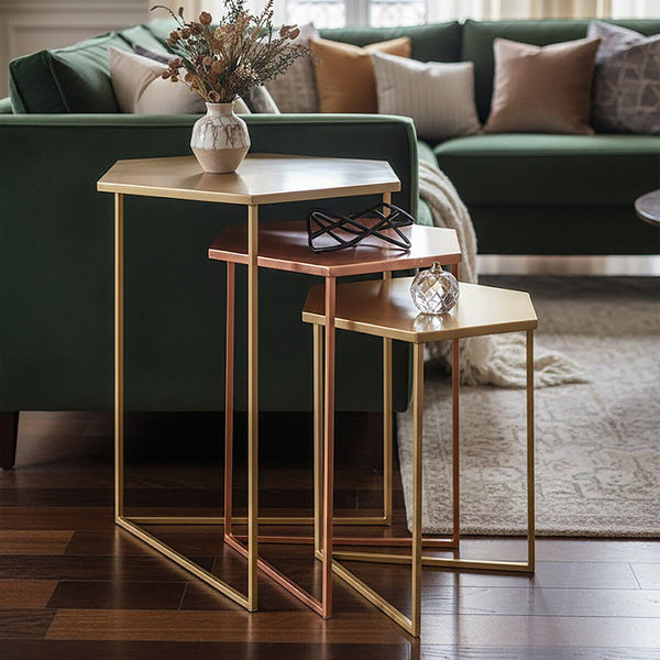 Templar Gold and Bronze Finish Hexagon Set of 3 Nesting Tables