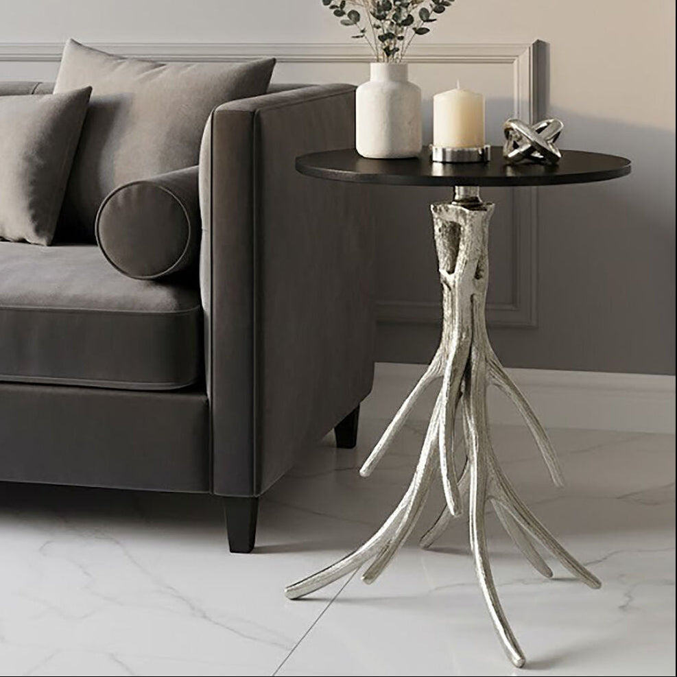 Antler Black Marble and Nickel Finish Round Side Table