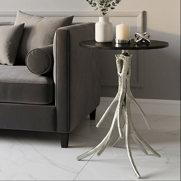 Antler Black Marble and Nickel Finish Round Side Table