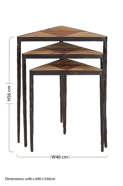 Black and Brown Elm Wood Set of 3 Triangular Nesting Tables with Black Iron Legs | Elmo