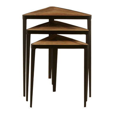 Elmo Elm Wood and Iron Set Of 3 Triangular Tables