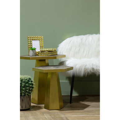 Gold and Natural Small Hexagon End Table with Grooved Elm Wood Top | Titan
