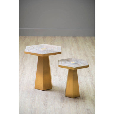 Gold and Natural Small Hexagon End Table with Grooved Elm Wood Top | Titan