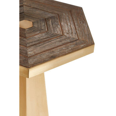 Gold and Natural Small Hexagon End Table with Grooved Elm Wood Top | Titan