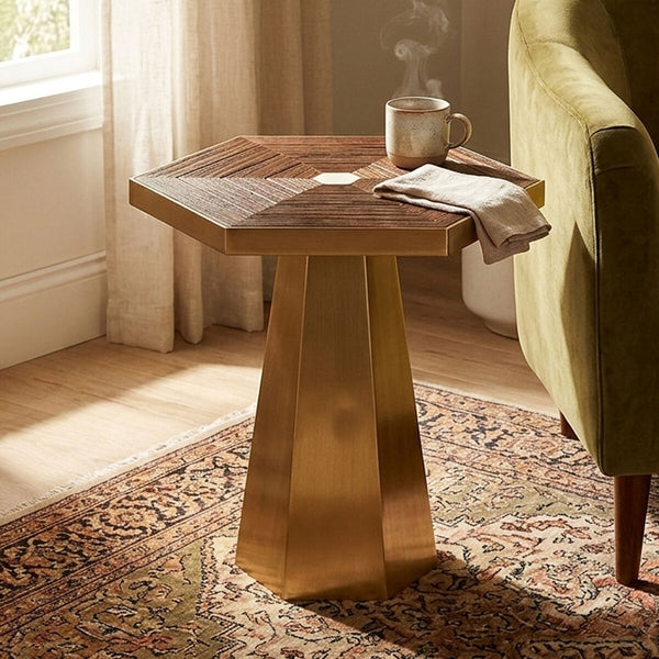 Gold and Natural Small Hexagon End Table with Grooved Elm Wood Top | Titan