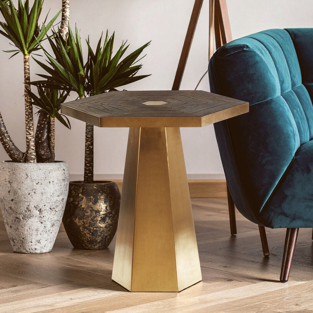 Gold and Natural Large Hexagon End Table with Grooved Elm Wood Top | Titan