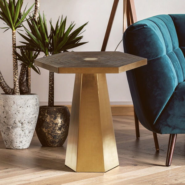 Gold and Natural Small Hexagon End Table with Grooved Elm Wood Top | Titan