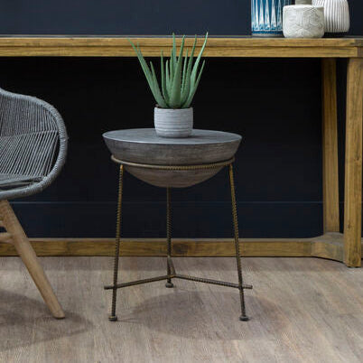 Silver Textured Concrete Bowl Top Side Table with Iron Three Leg Base | Compo