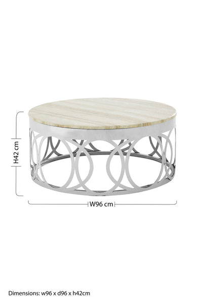 White Marble Top Coffee Table with Silver Stainless Steel Circular Base | Yasmin