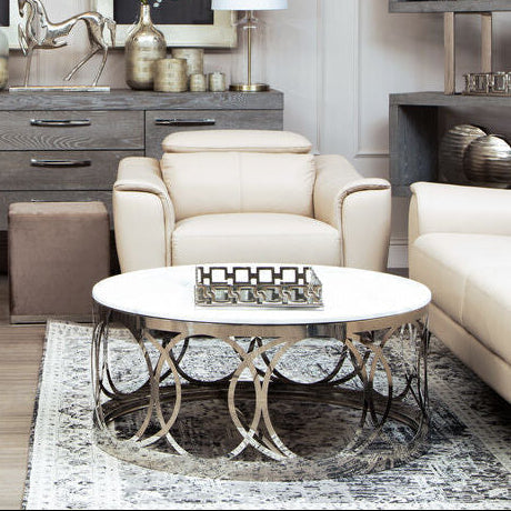 White Marble Top Coffee Table with Silver Stainless Steel Circular Base | Yasmin