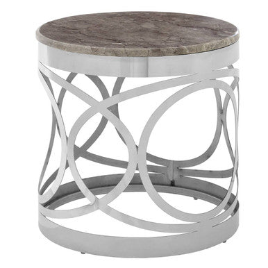 White Marble Top Contemporary Side Table with Reflective Stainless Steel Base | Yasmin