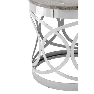 White Marble Top Contemporary Side Table with Reflective Stainless Steel Base | Yasmin