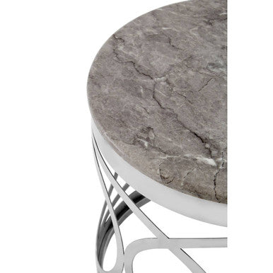 White Marble Top Contemporary Side Table with Reflective Stainless Steel Base | Yasmin