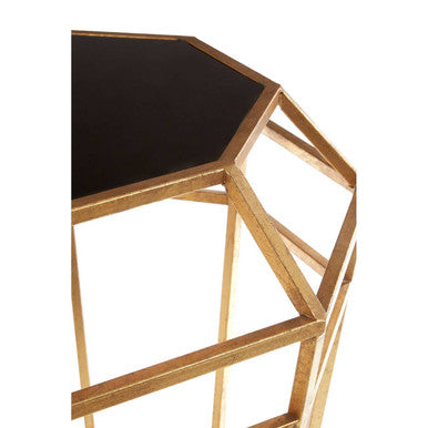 Black and Gold Geometric Base Table with Octagonal Black Glass Top | Zariah