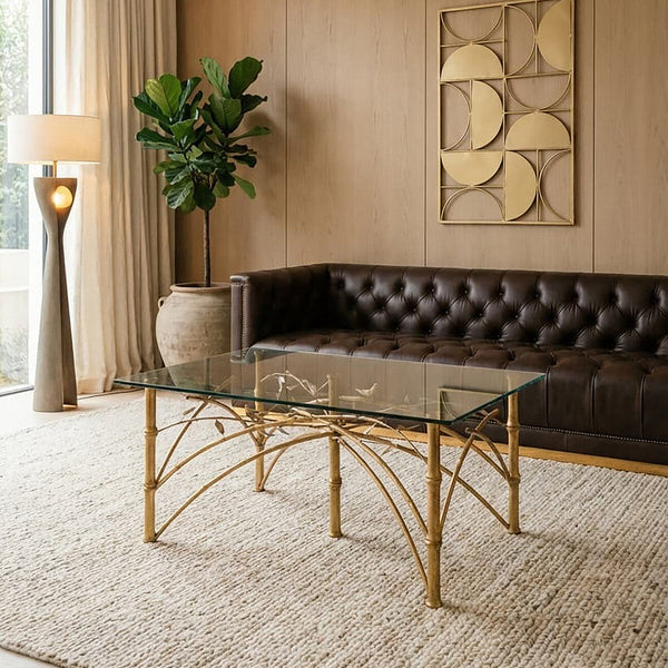 Gold Clear Tempered Glass Top Table with Bamboo Design Metal Legs | Zariah