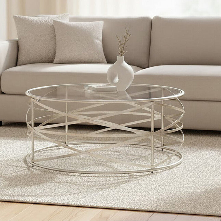 Silver Round Coffee Table with Clear Tempered Glass | Rubia