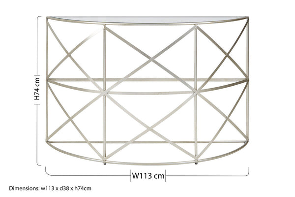 Silver Finish Iron Frame Demilune Console Table with Clear Glass Top | Rubia
