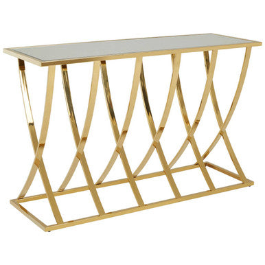 Gold Mirrored Top Console Table with Sweeping Stainless Steel Frame | Reena