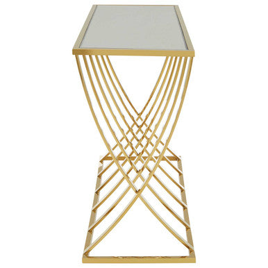 Gold Mirrored Top Console Table with Sweeping Stainless Steel Frame | Reena