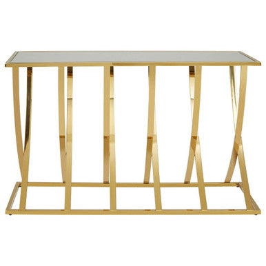 Gold Mirrored Top Console Table with Sweeping Stainless Steel Frame | Reena