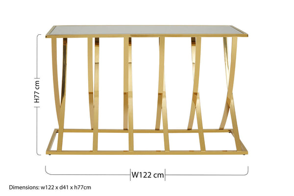 Gold Mirrored Top Console Table with Sweeping Stainless Steel Frame | Reena