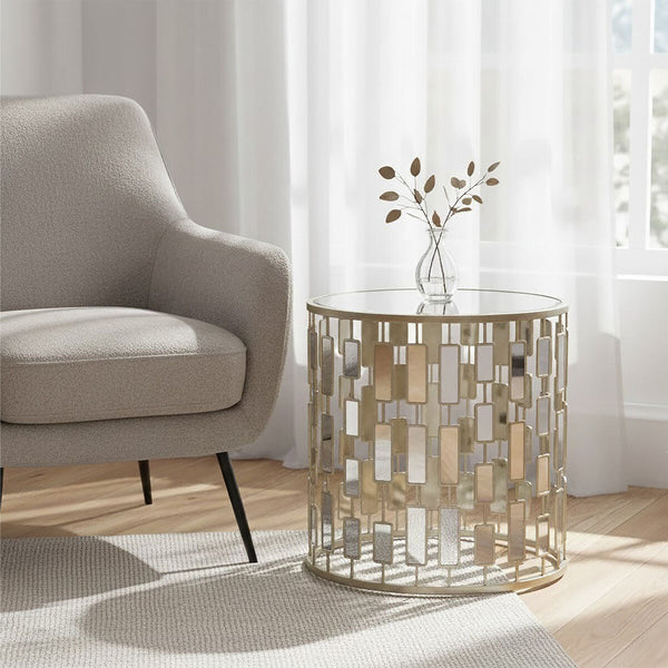 Raina Champagne Finish Mirrored Glass Top Side Table