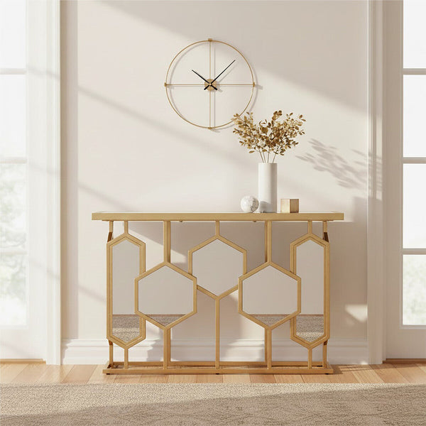 Gold Finish Iron Frame Console Table with Rectangular Mirrored Top | Rio