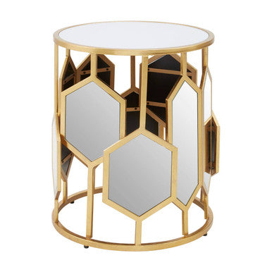 Gold Finish Iron Frame Side Table with Round Mirrored Top | Rio