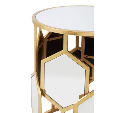 Gold Finish Iron Frame Side Table with Round Mirrored Top | Rio