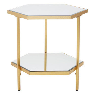 Gold Finish 2-Tier Side Table with Hexagonal Mirrored Glass Shelves | Rio